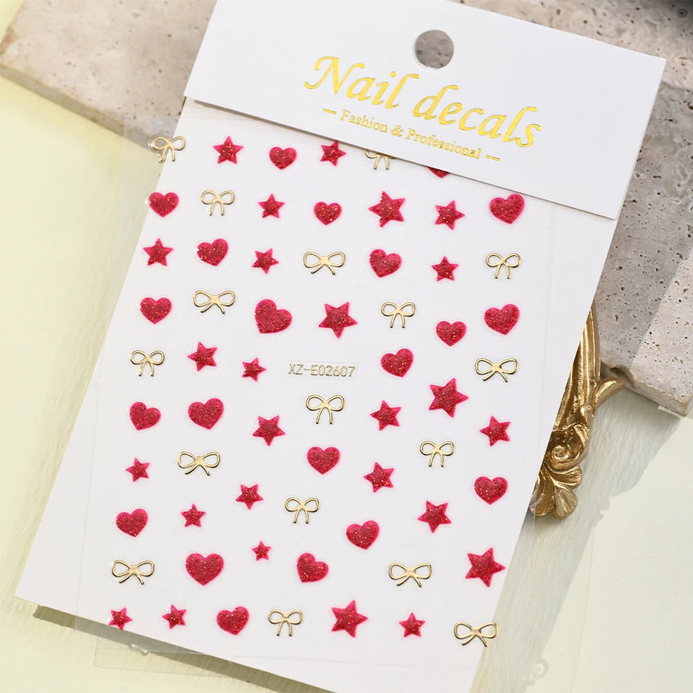 3D Valentine' s Day Love Heart Nail Art Sticker Red White Cross Stars Self-Adhesive Nail Decals 8*10cm Kawaii Heart Nail Sticker