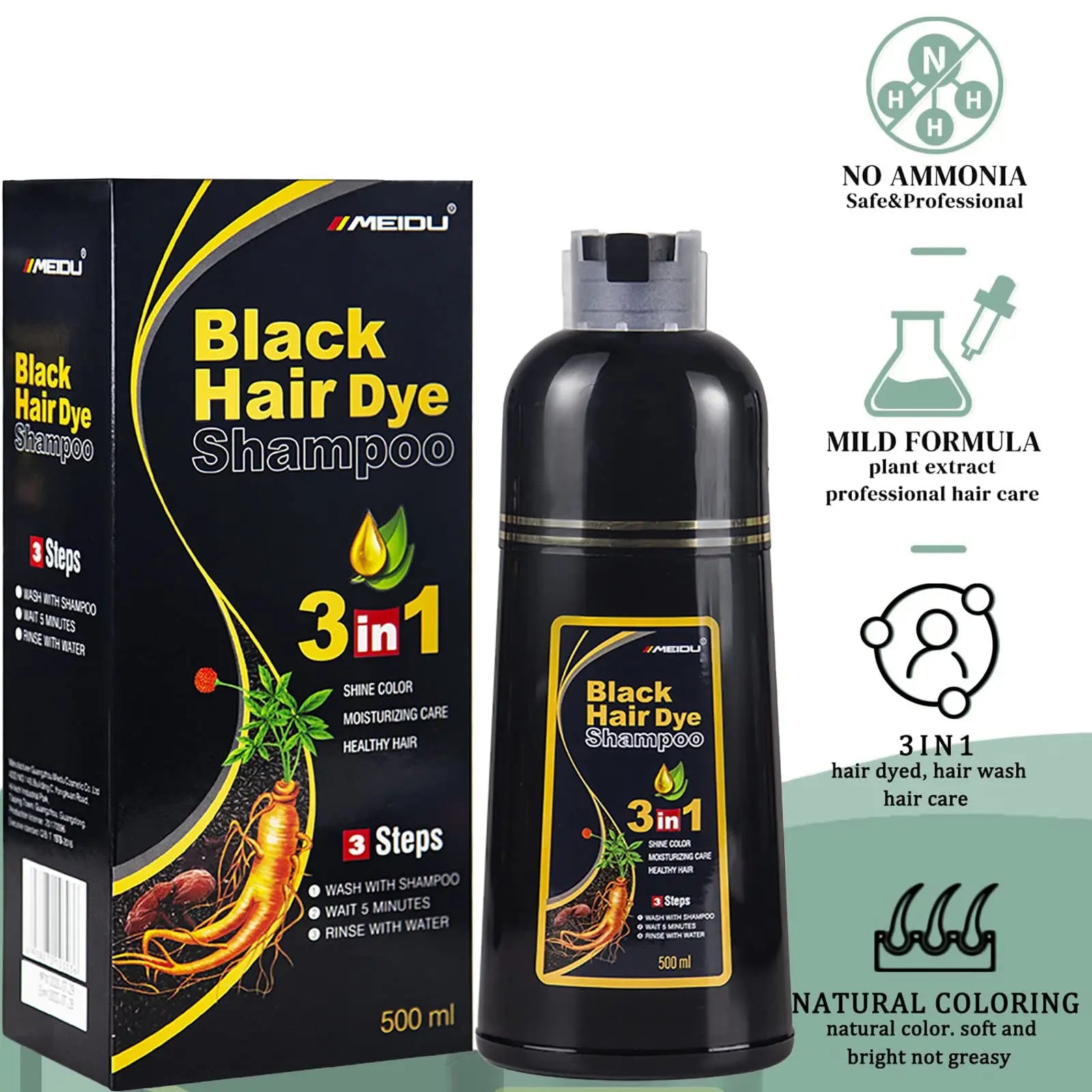 100ml/500ml Hair Dye Shampoo 3in1 Darkening Hairs Instant Gray To Black Polygonum Multiflorum Natural Coloing Cover Men Women