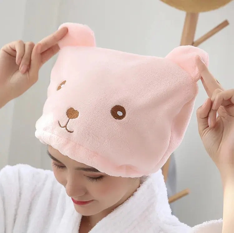 Super Absorbent Hair Drying Bath Towel Cap Cute Cartoon Bear Microfibre Soft Dry Hair Wrap Bathroom Accessories Bonnets