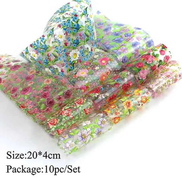 10pcs Holographic Nail Foil Slider Mix Flower Designs Set Transfer Nails Stickers Floral Prints Manicure Decal Art Decoration