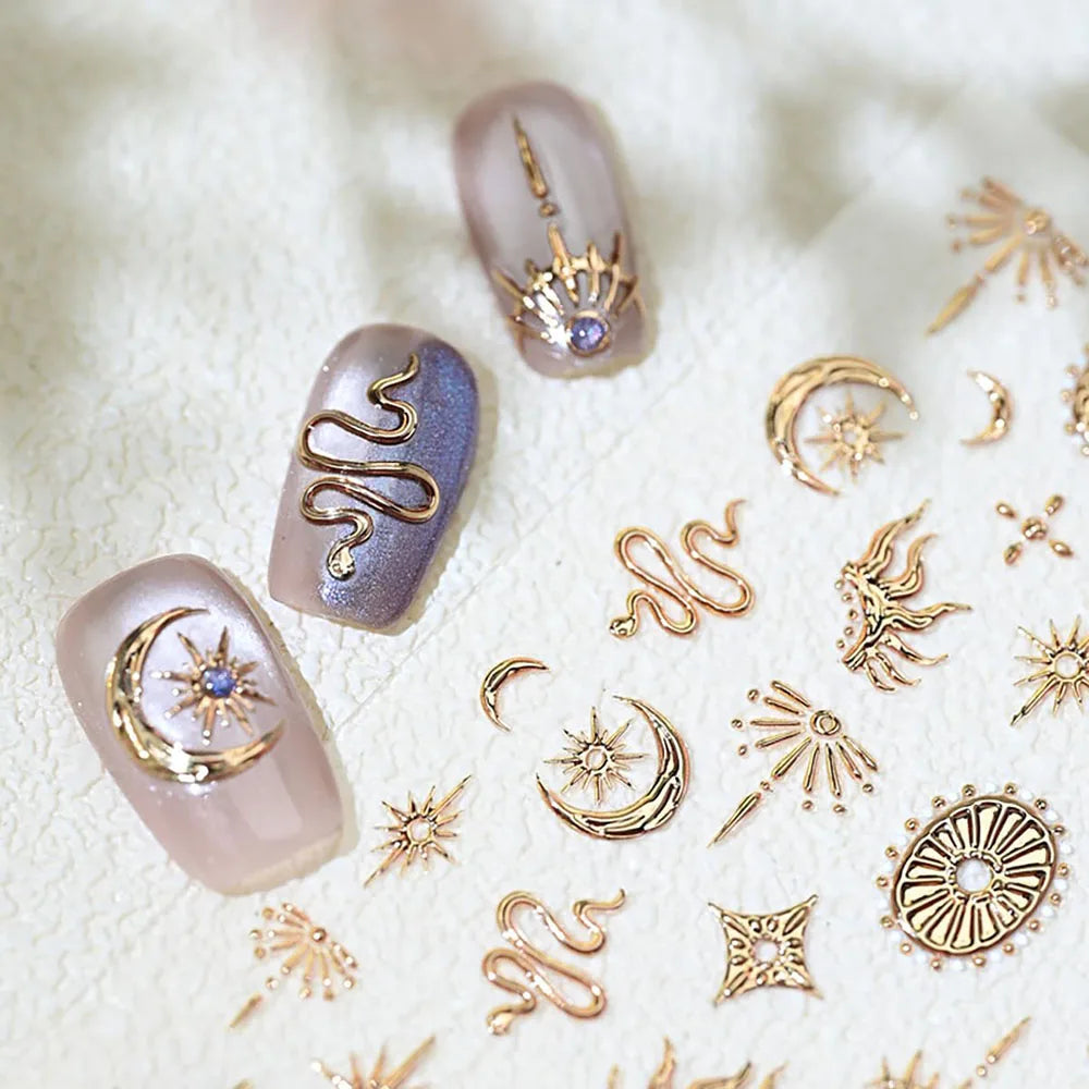 Gold Silver Snake Stars Nail Stickers for Nail Decoation Decals 5D Self-Adhesive Bronzing Stars Moon Totem DIY Supplies Slider