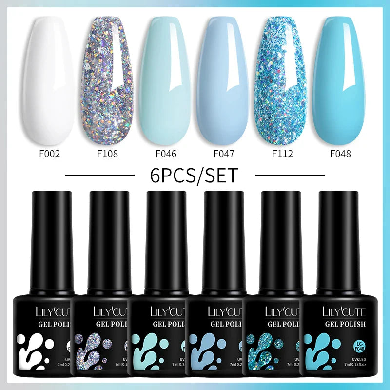 LILYCUTE 6PCs/Set Gel Nail Polish Set Kit Glitter Nail Gel Sequin Vernis Semi Permanent For Manicure Varnish UV LED Nail Art Gel