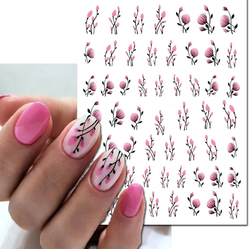 3d Nail Art Decals Watercolor Florals Purple Green Pink Flowers Leafs Fruit Adhesive Sliders Nail Stickers For Manicure