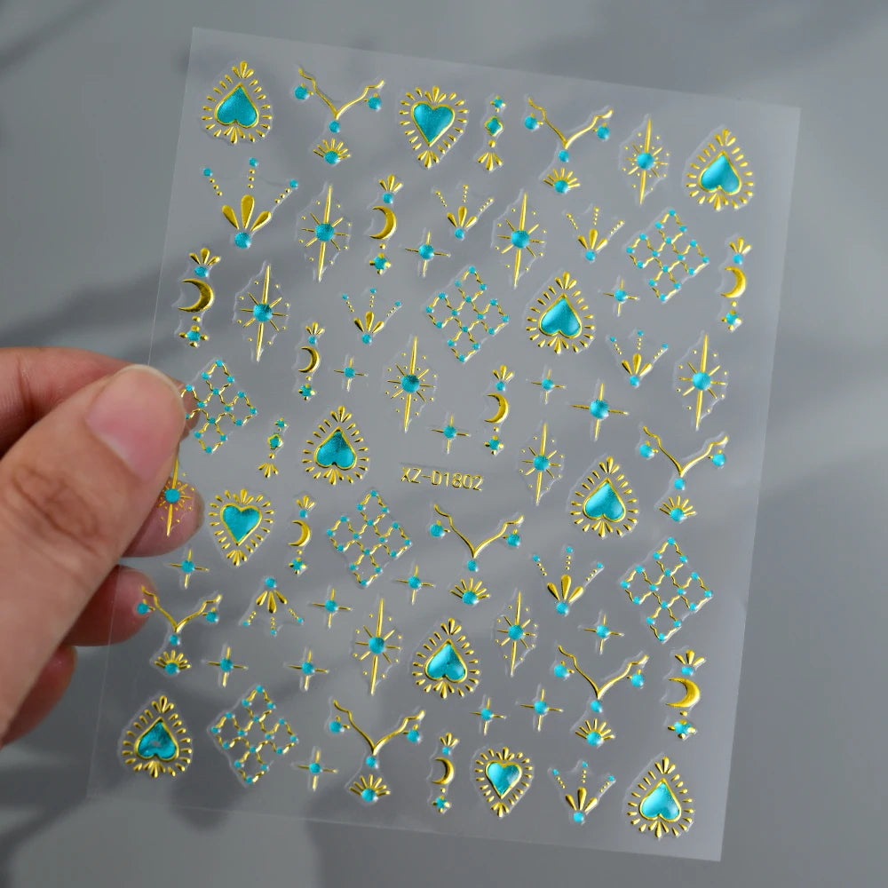 5D Embossed Emerald Gemstones Nail Art Stickers Luxury Golden Frame Baroque Flower Nail Decals Green Rhinestones Nail Supplies