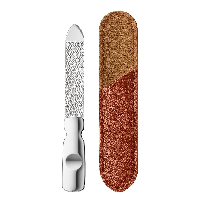 Stainless Steel Nail Files with Leather Case, Double Sided Metal Nail Files with Anti-slip Handle, Metal Nail File Buffer
