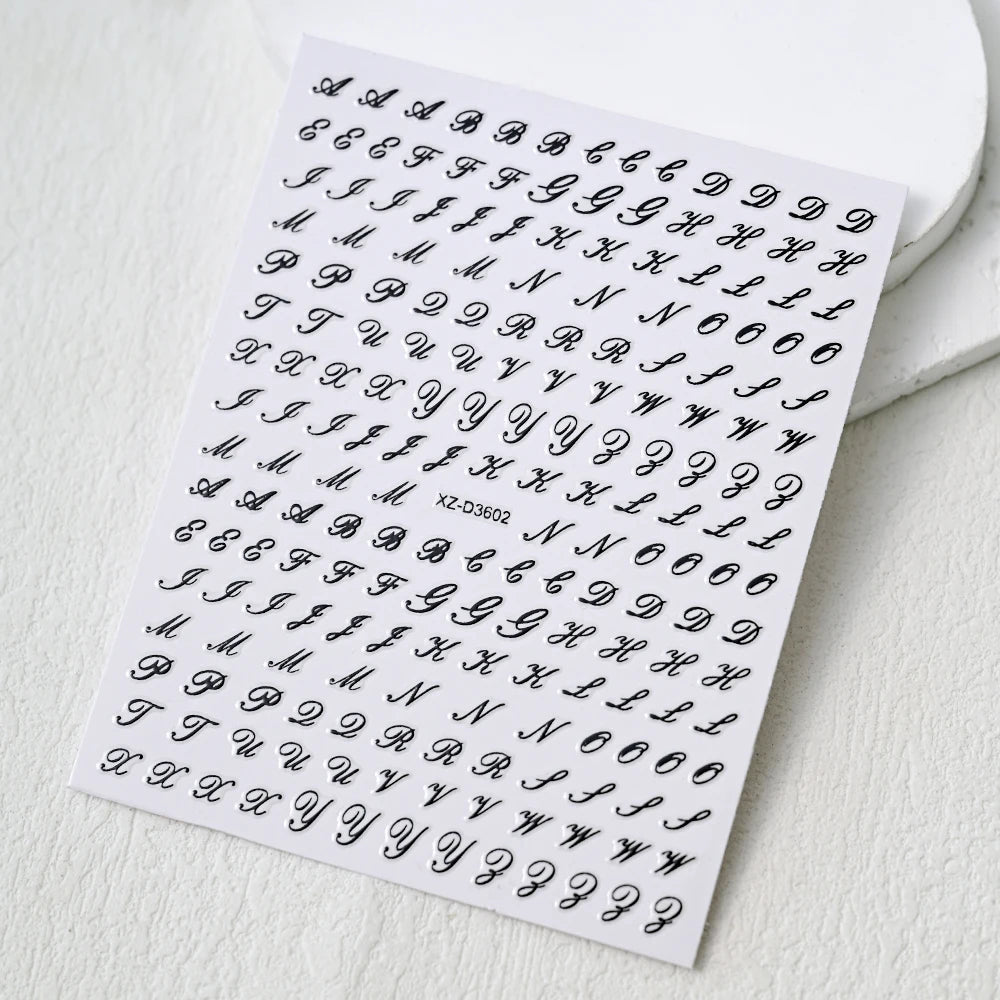 1Pc 3D Roman Letter Nail Stickers Gold/Silver/Black/Laser Alphabet Self Adhesive Decal Y2K English Words/Number Manicure Sliders