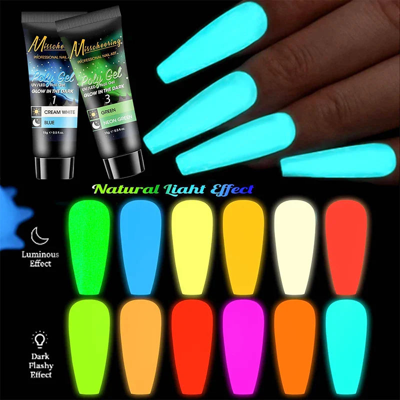 12pcs/set Extension Gel Nail Art Semi Permanent Acrylic Glitter Fluorescent Nude Colorful Fast Building Hybrid Varnish UV Nails