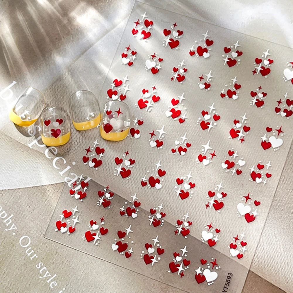 3D Valentine' s Day Love Heart Nail Art Sticker Red White Cross Stars Self-Adhesive Nail Decals 8*10cm Kawaii Heart Nail Sticker
