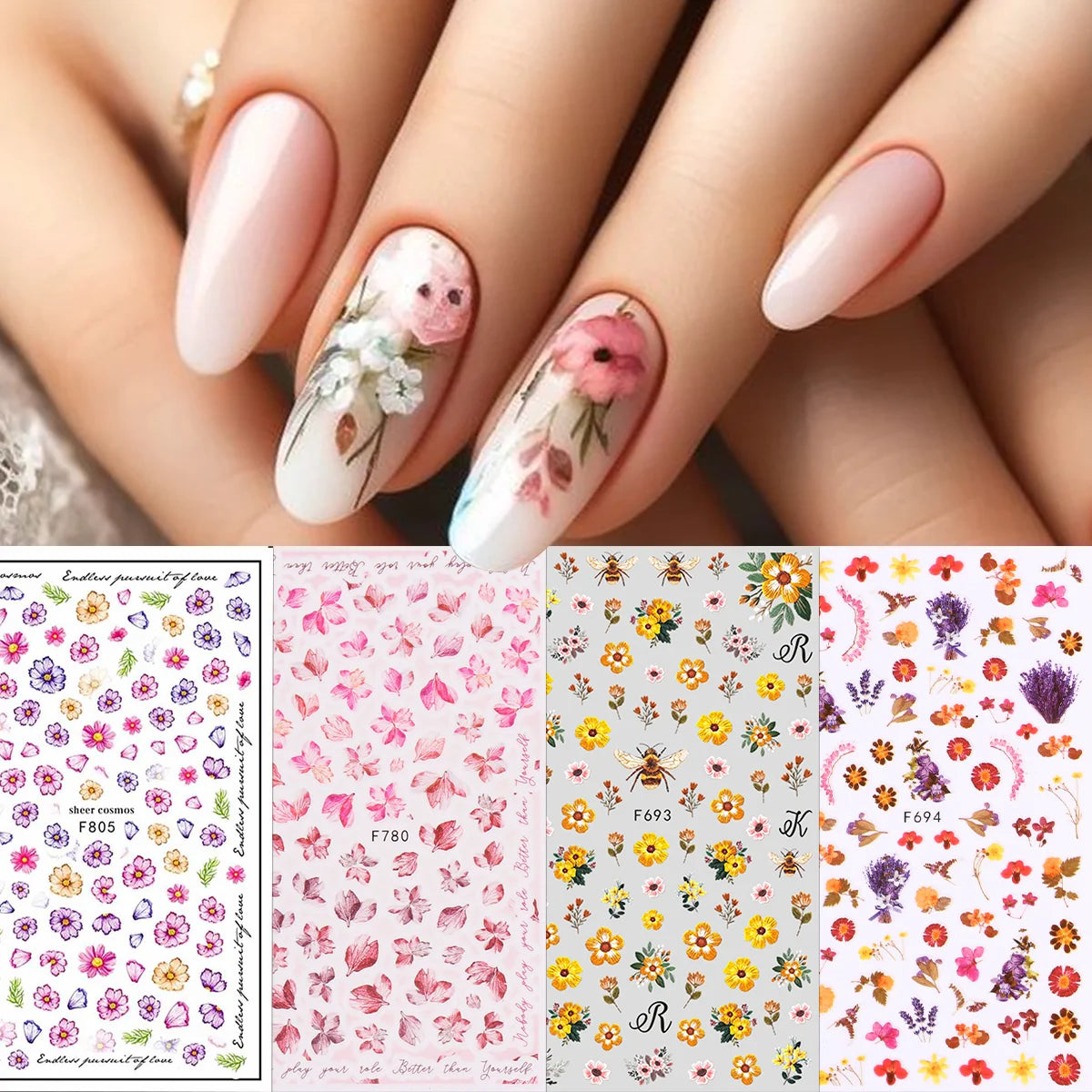 4pcs Spring and Summer Flower Nail Art Stickers - Easy to apply for nail decoration, DIY, gift, wedding party makeup, Y2K