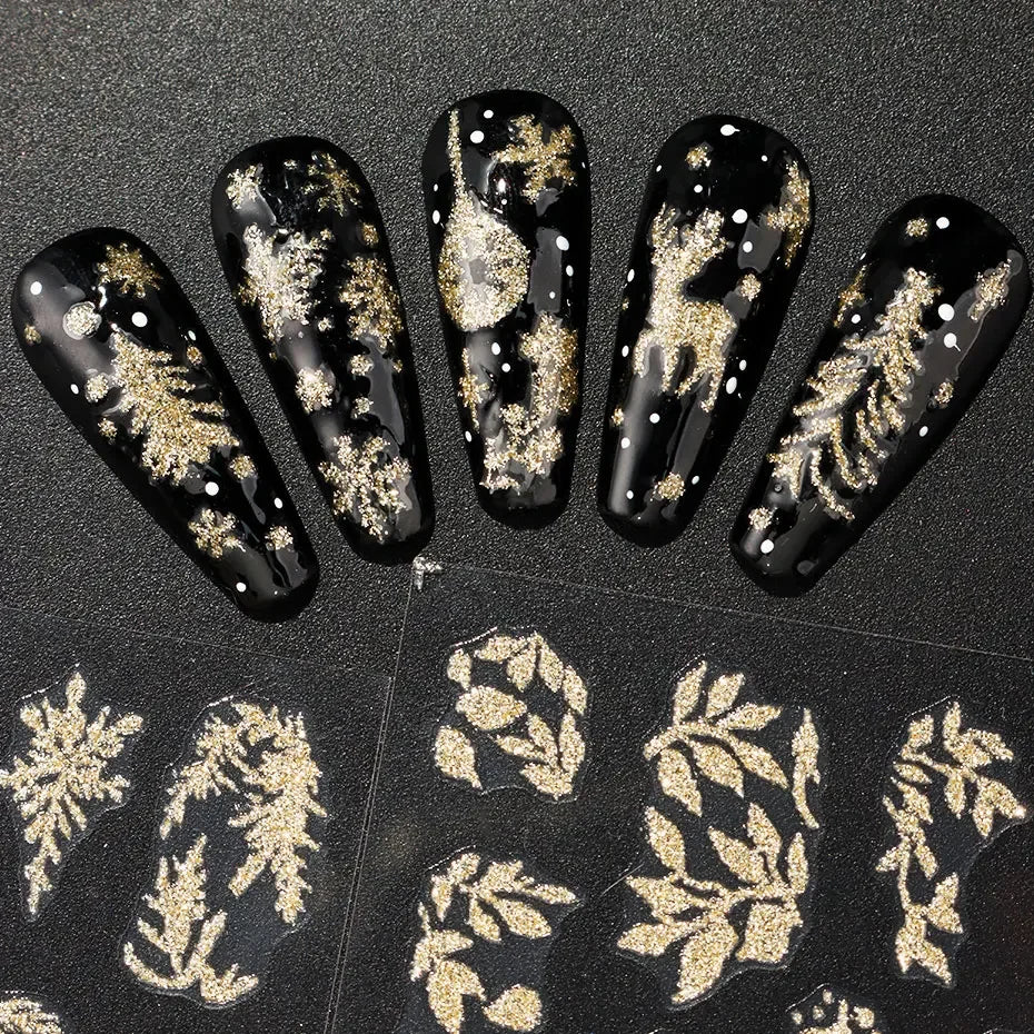 1PCS Golden Glitter Leaf Nail Art Stickers Shinny Christmas Trees Snowflake Sliders Japanese Winter Y2K Leaves Manicure Decor