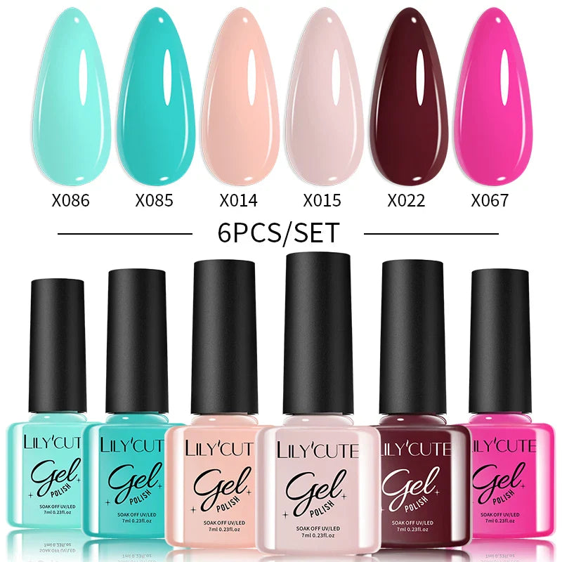 LILYCUE 6Pcs/Set Red Nude Glitter Gel Nail Polish Gorgeous Full Coverage Soak Off UV Gel Nail Art Base Top Coat Gel Polish Kits