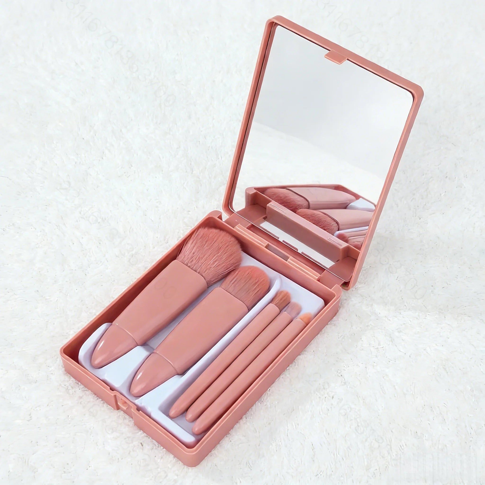 1 Set Chic Pink Makeup Brush Set - Mirror Compact, 5pcs Soft Bristles Versatile for Blush Eye Foundation