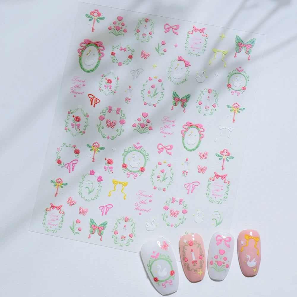 1PC 5D Macaron Flower/Fruit Nail Charms Sticker Embossed Bear/Rabbit/Letter Nails Slider Decals Summer Adhesive Manicure Decor&Y
