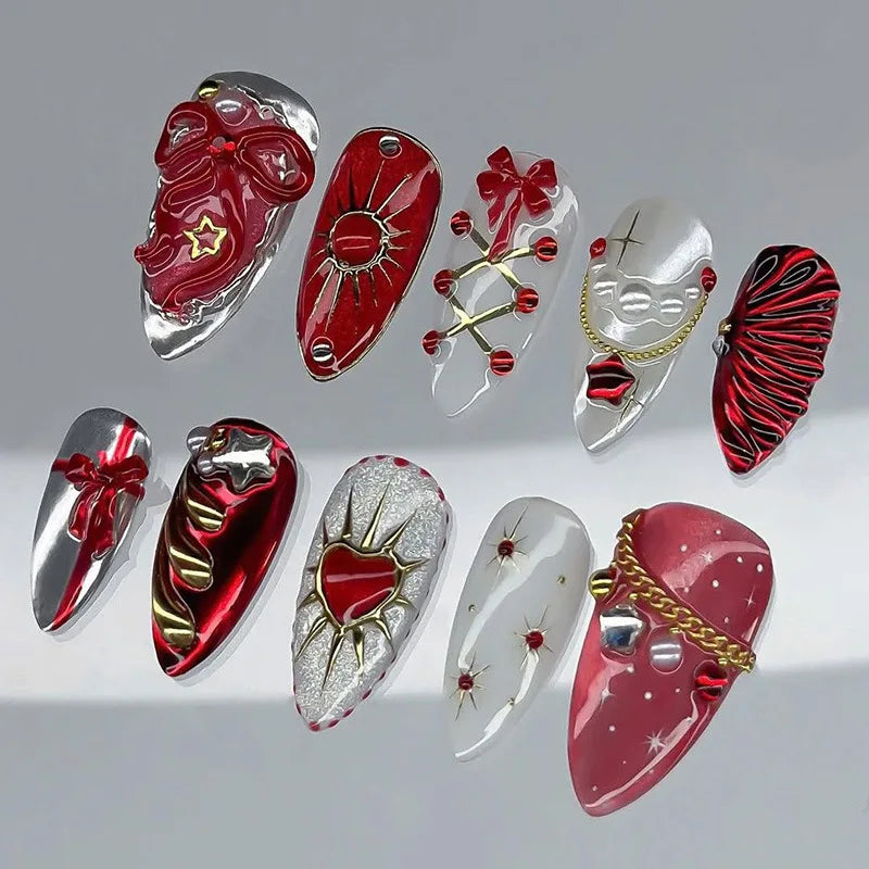 24Pcs Black Y2k Long False Nails with Almond Head Design Cat's Eye Silver Stripe Pattern Press on Fake Nails Wearable Nail Tips