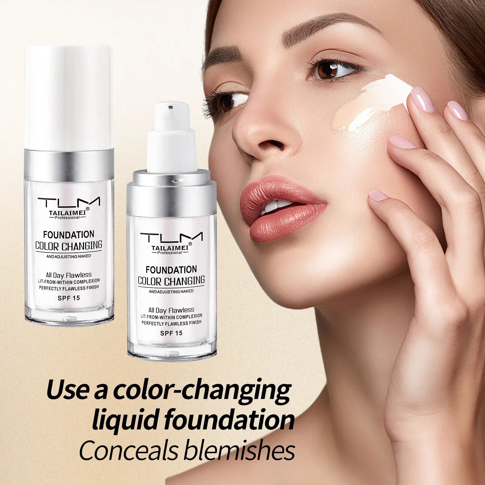 2Pcs Liquid Foundation Color Changing Concealer Waterproof Natural Brighten Skin Tone Face Cosmetics Makeup for Women & Men 30ml