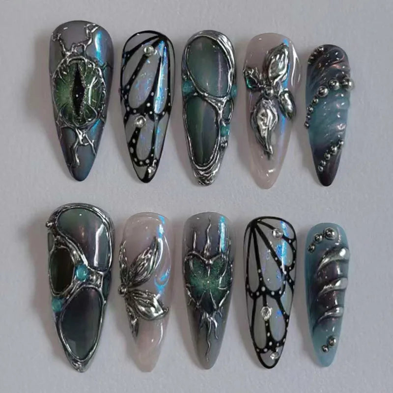 24Pcs Black Y2k Long False Nails with Almond Head Design Cat's Eye Silver Stripe Pattern Press on Fake Nails Wearable Nail Tips