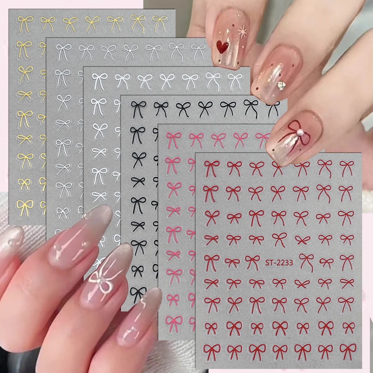 2 to 30 Sheets 3D Bow Nail Art Stickers, Mini Ribbon Outline Decals, Transparent Self-Adhesive Cute Design for DIY Manicure