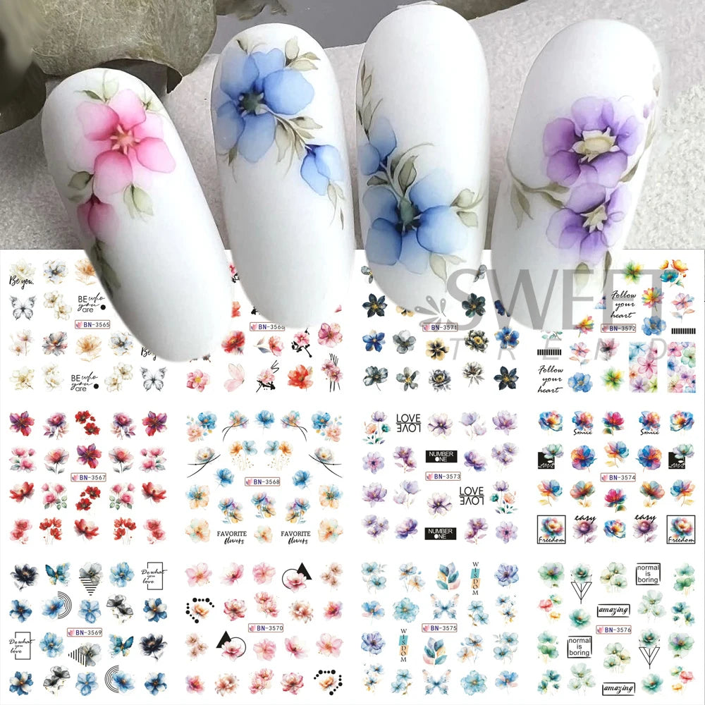12 Design Ink Flowers Water Transfer Nail Stickers Decals Patchwork Animal Bear Nail Sliders for Women DIY Manicure Decorations