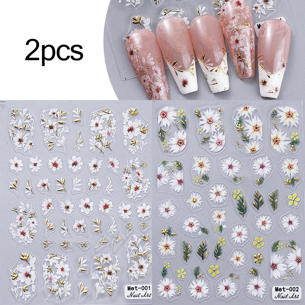1-2pcs Gold Line Cherry Blossom 3D Nail Art Stickers Spring Peach Flowers Daisy Flowers Gold Leaves Nail Decals For DIY Manicure