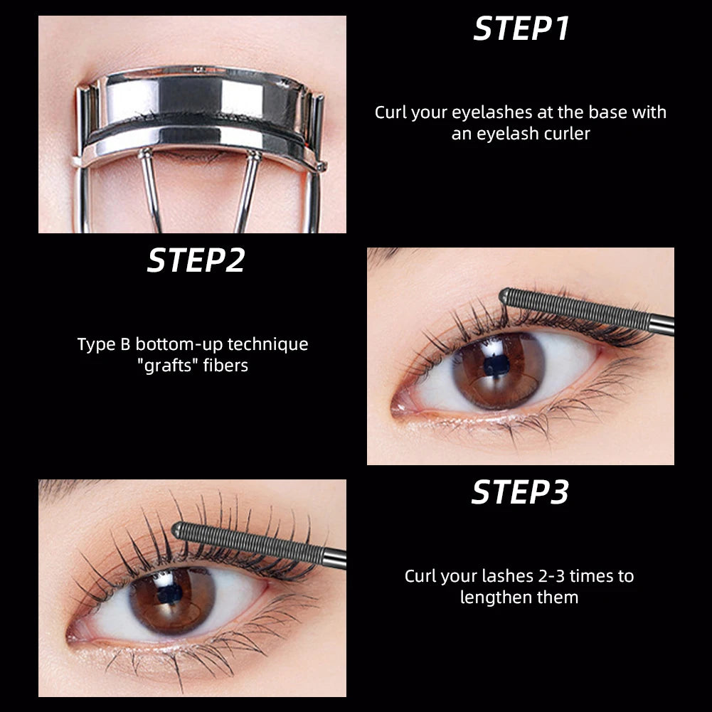 Metal Iron Lashes Mascara Waterproof Silk Fiber Mascara Black Long Curling Eyelash Extensions Non-clumping Eyes Makeup Cosmetics
