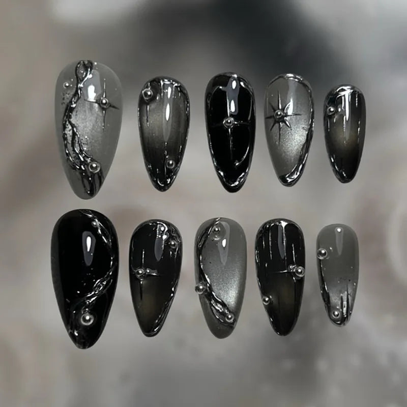 24Pcs Black Y2k Long False Nails with Almond Head Design Cat's Eye Silver Stripe Pattern Press on Fake Nails Wearable Nail Tips