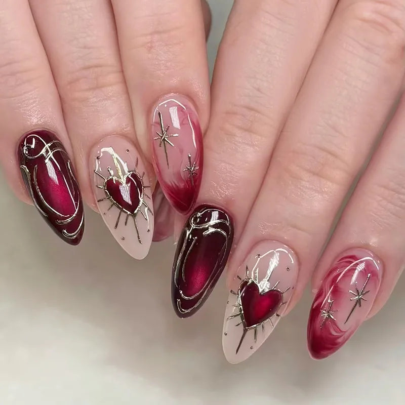 24Pcs Black Y2k Long False Nails with Almond Head Design Cat's Eye Silver Stripe Pattern Press on Fake Nails Wearable Nail Tips