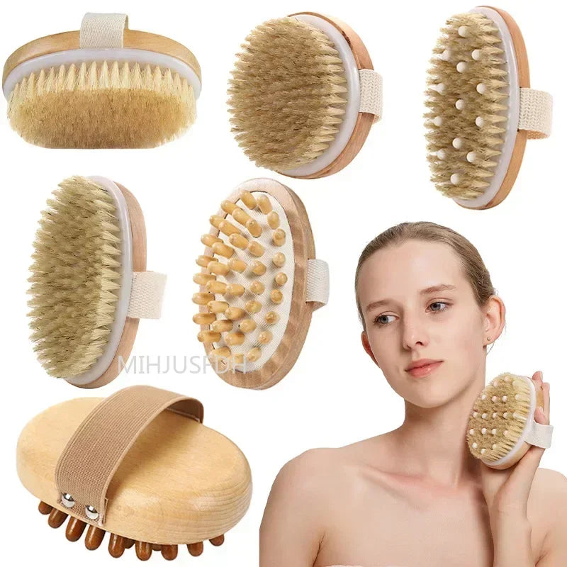 2 In 1 Dry Skin Body Massage Brush Natural Bristle Dead Skin Remover Anti Cellulite Exfoliates Blood Circulation Massage Tools