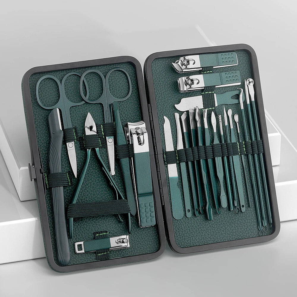 Green 7/13/24 pcs Stainless Steel Nail Cutter and Pedicure Scissors Set - Portable Manicure and Pedicure Tool Nail Clipper Set