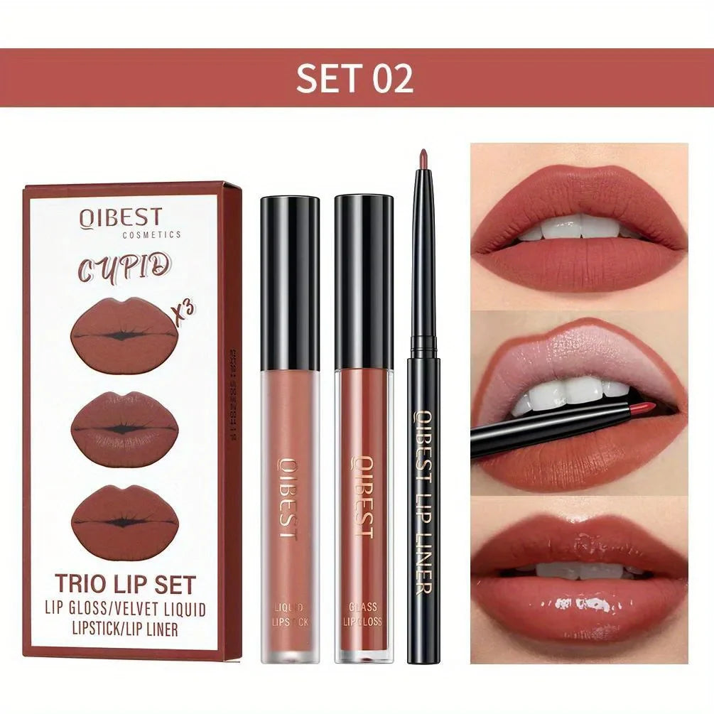 3 in 1 Lipstick and Lipliner Set, Long Lasting Waterproof Lip Stain Liquid Lipgloss Set for Women Halloween Gothic Makeup