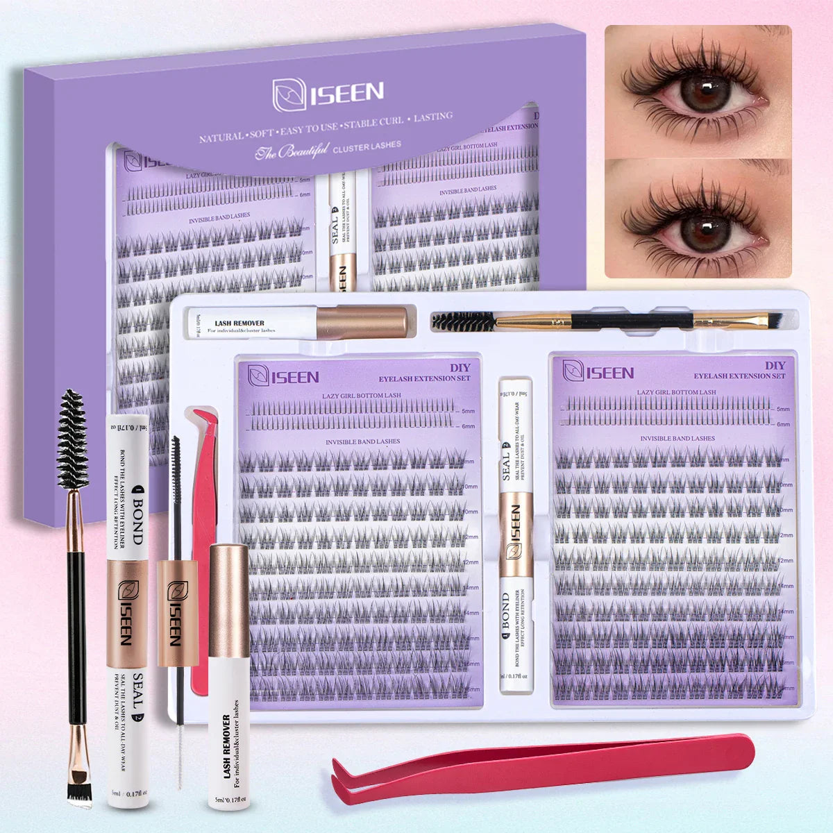 ISEEN DIY Eyelash Extension Kit Cluster Mix Eyelashes Full Set Lashes Kit with Lash Bond & Seal and Eyelash Tweezers and Brush
