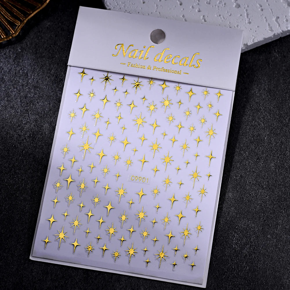 1pcs 3D Bronzing Gold Love Heart Nail Art Stickers Y2K Holographic Stars Sun Starlight DIY Nail Decals Heart Manicure Decoration