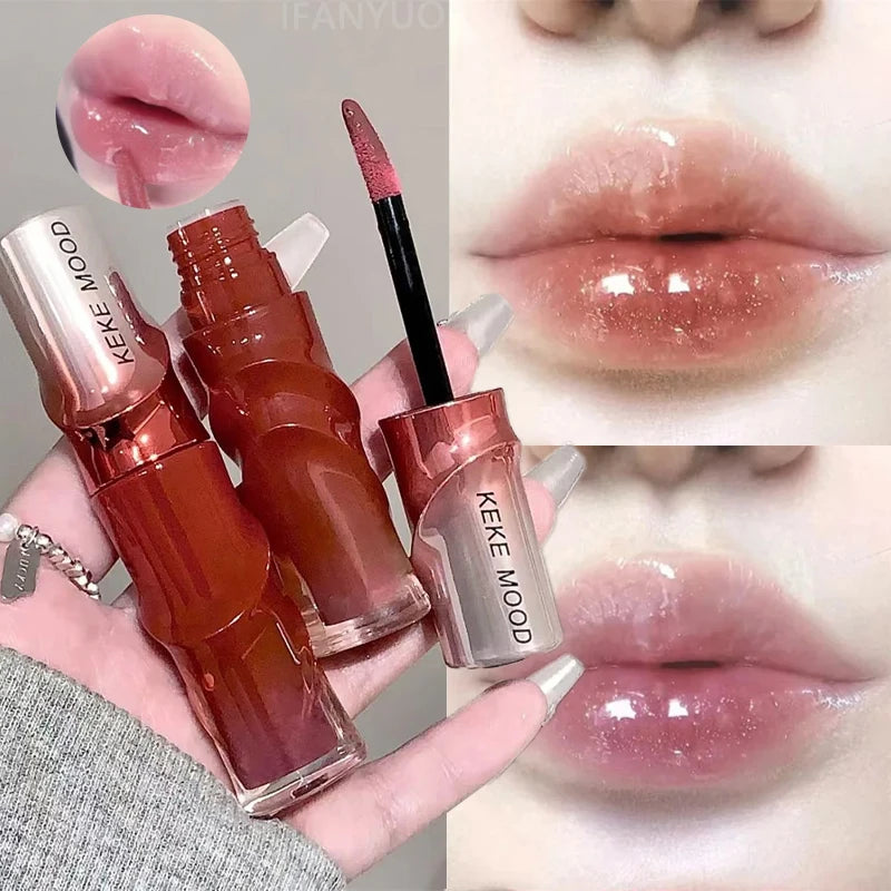 Crystal Nude Gray Lip Gloss Hydrating Mirror Korean Lip Glaze Sheer Nude Glitter Lip Tint Watery Shine Plumping Lipgloss Makeup