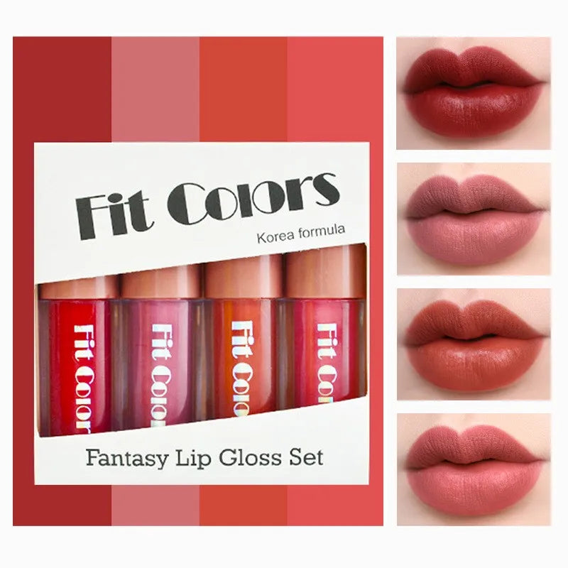 Fit Colors Velvet Lip Gloss Set — 4-Piece Non-Transfer, Diamond Finish, Long-Lasting Lip Gloss Collection