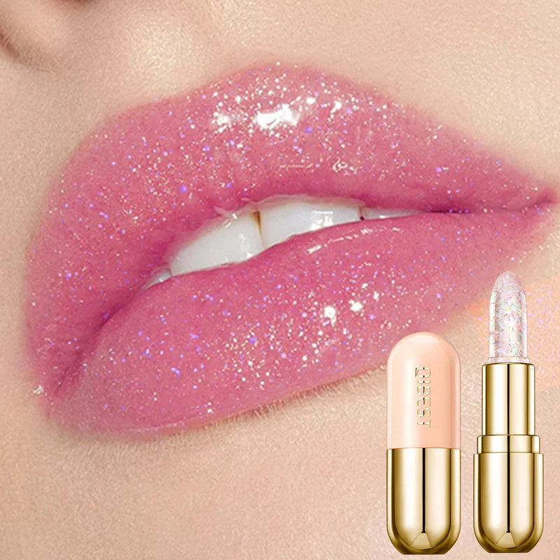 QIBEST Glitter Lipstick Lip Balm Color Change Transparent Moisturizing Crystal Jelly Pearlescent Lip Plumper Gloss Tint Cosmetic