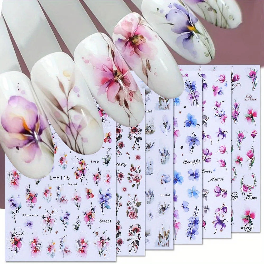 Spring and summer gradient ink flower nail stickers, used for DIY nail decoration in daily life, festivals, parties, and wedding