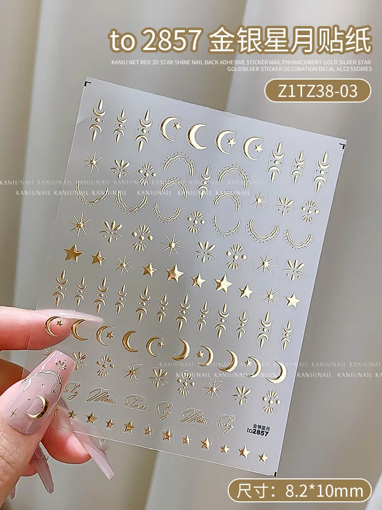 3D Gold/ Silver Star/Sun/Moon Bronzing Nail Art Sticker Laser Star Moon Styles Nail Decal Gold Silver Self-Adhesive Slider 1Pcs