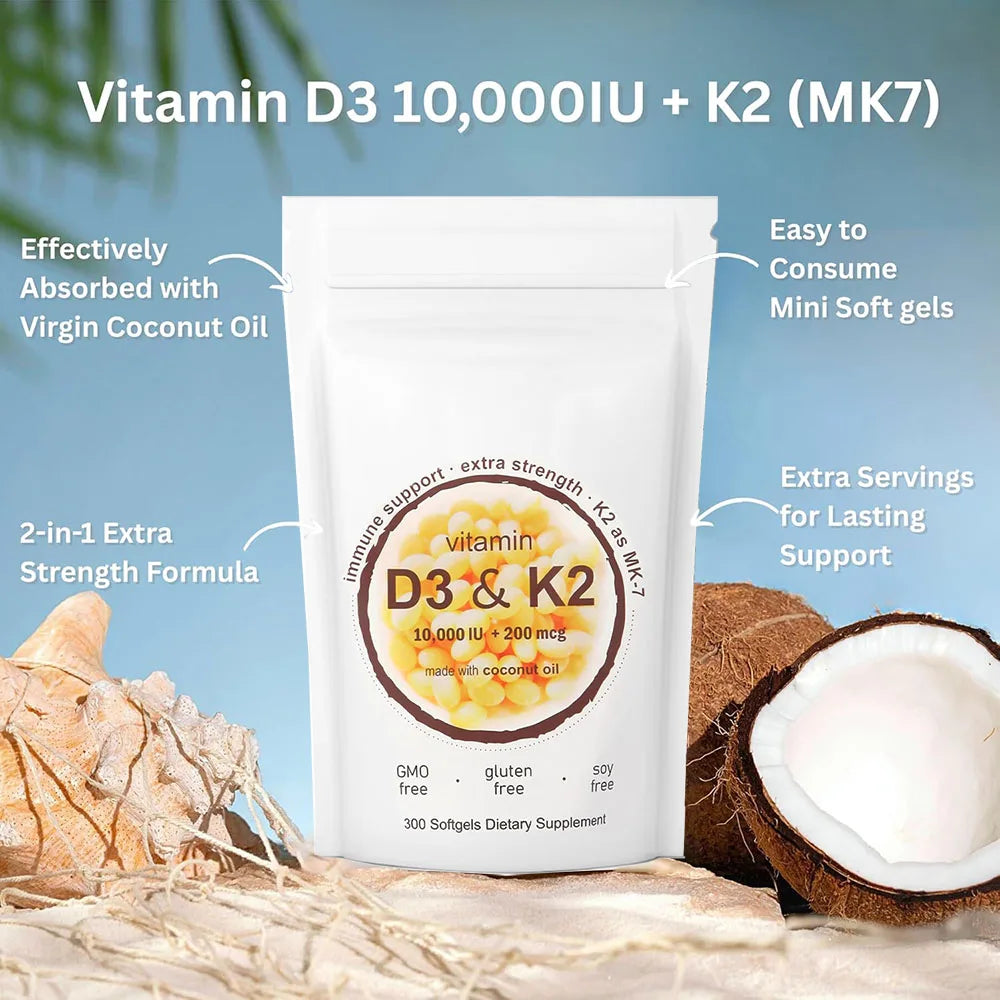 Vitamin D3 K2 10000 IU 300 Coconut Oil Softgels, 2 in 1 Vitamins Supplement D & K (MK7) Supports Calcium Absorption, Bone Health