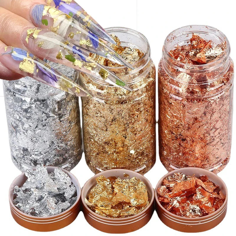 3 Bottle 3-Color Gold Foil Nail Glitter Flakes Broken Gold Foil Nail Sequins Decoration Gold Aluminum Foil Nail Shimmer Flakes