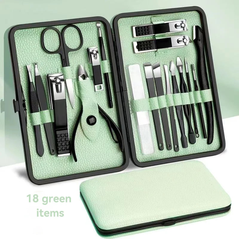 Nail clipper set, home nail clippers, dark green 18-piece set, pedicure, exfoliation and nail care tools