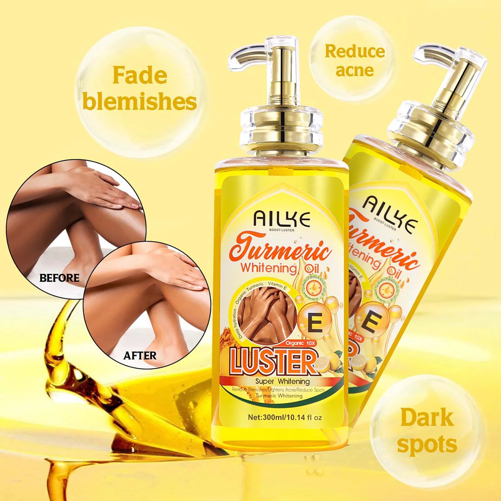 AILKE Lightening Body Massage Oil, Deeply Moisturizing, Anti-Aging, Wrinkles, Stretch Marks and Dark Spots Removal, 300ml
