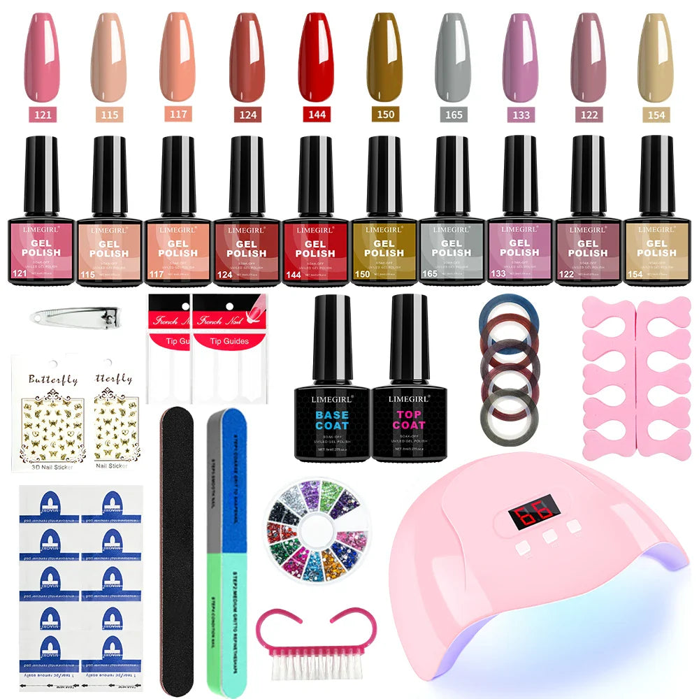 LIMEGIRL Gel Nail Polish Kit UV Soaking Gel Primer Polish Manicure Kit with UV LED Lamp Dryer Semi-Permanent Gel Varnish Kit