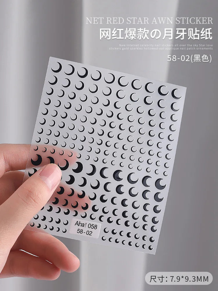 3D Gold Silver Star Nail Art Stickers Black White Crescent Moon Decals Self Adhesive Slider Polish Stickers Manicure Decoration