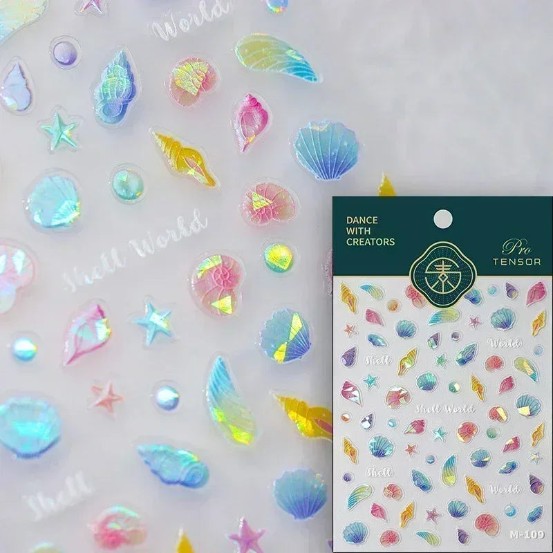 Sea Wave Jellyfish Starfish Conch Shell Dolphin Pearl Summer Beach Goldfish Water Bubble Mermaid Koi INS Nail Art Stickers Decal