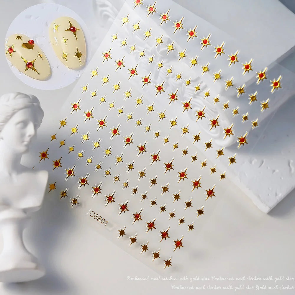 3D Gold/ Silver Star/Sun/Moon Bronzing Nail Art Sticker Laser Star Moon Styles Nail Decal Gold Silver Self-Adhesive Slider 1Pcs