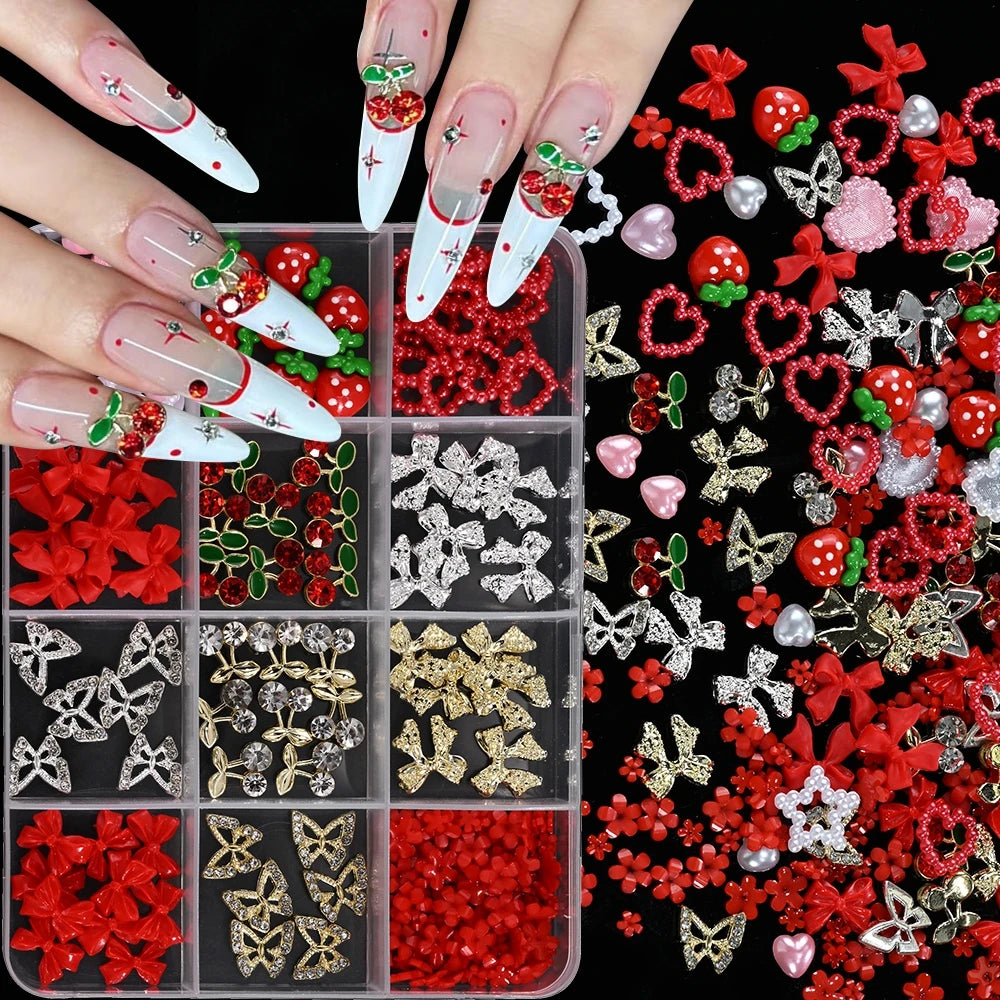 1 Box Pink White Series Bow Heart Nail Charms 3D Arcylic Nail Art Decorations Pearl 5-petal Flower Jewelry Manicure Accessories*