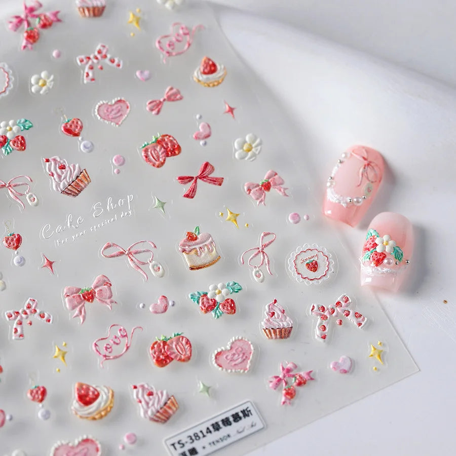 Nail Art Stickers Cute Manicure Decals Lovely Strawberry Muffin Cream Cake Ice Cream Bowknot 5D Embossed Reliefs Self Adhesive