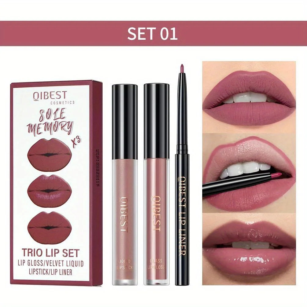 3 in 1 Lipstick and Lipliner Set, Long Lasting Waterproof Lip Stain Liquid Lipgloss Set for Women Halloween Gothic Makeup