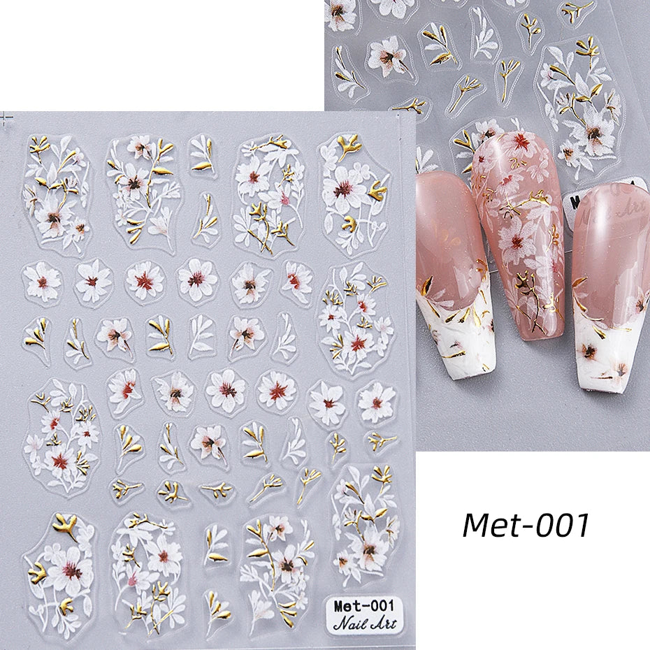1-2pcs Gold Line Cherry Blossom 3D Nail Art Stickers Spring Peach Flowers Daisy Flowers Gold Leaves Nail Decals For DIY Manicure