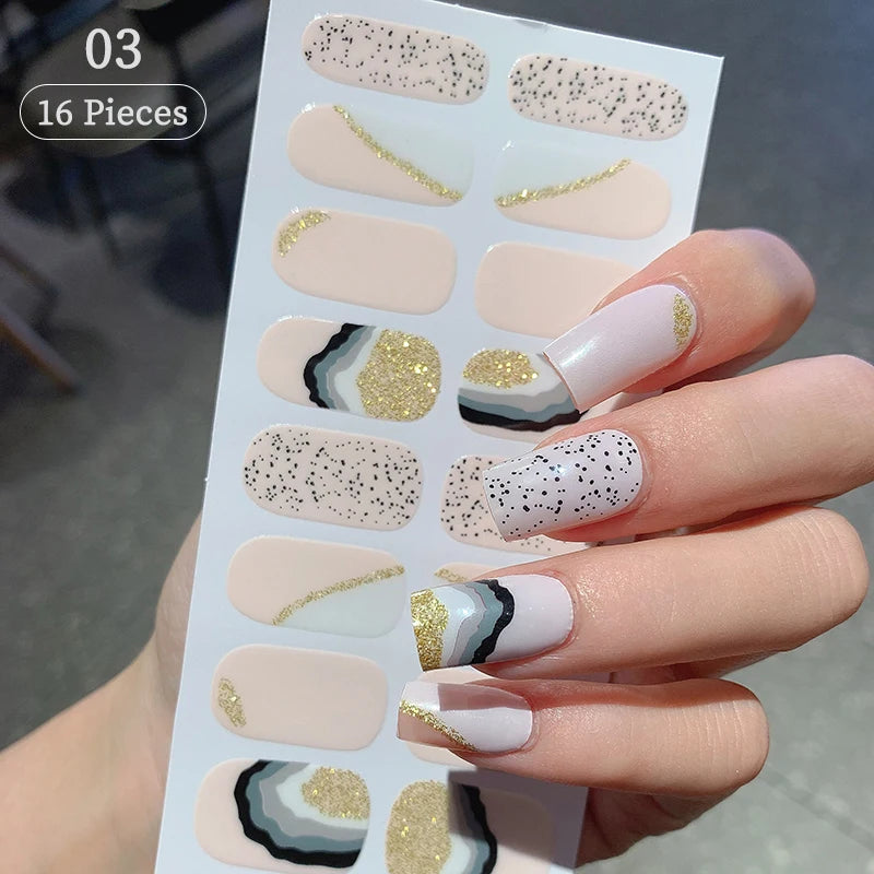 Pink Glitter Design Baking-free Nail Stickers French Style Solid Color Adhesive Full Cover Nail Strip Slider DIY Manicure Decals