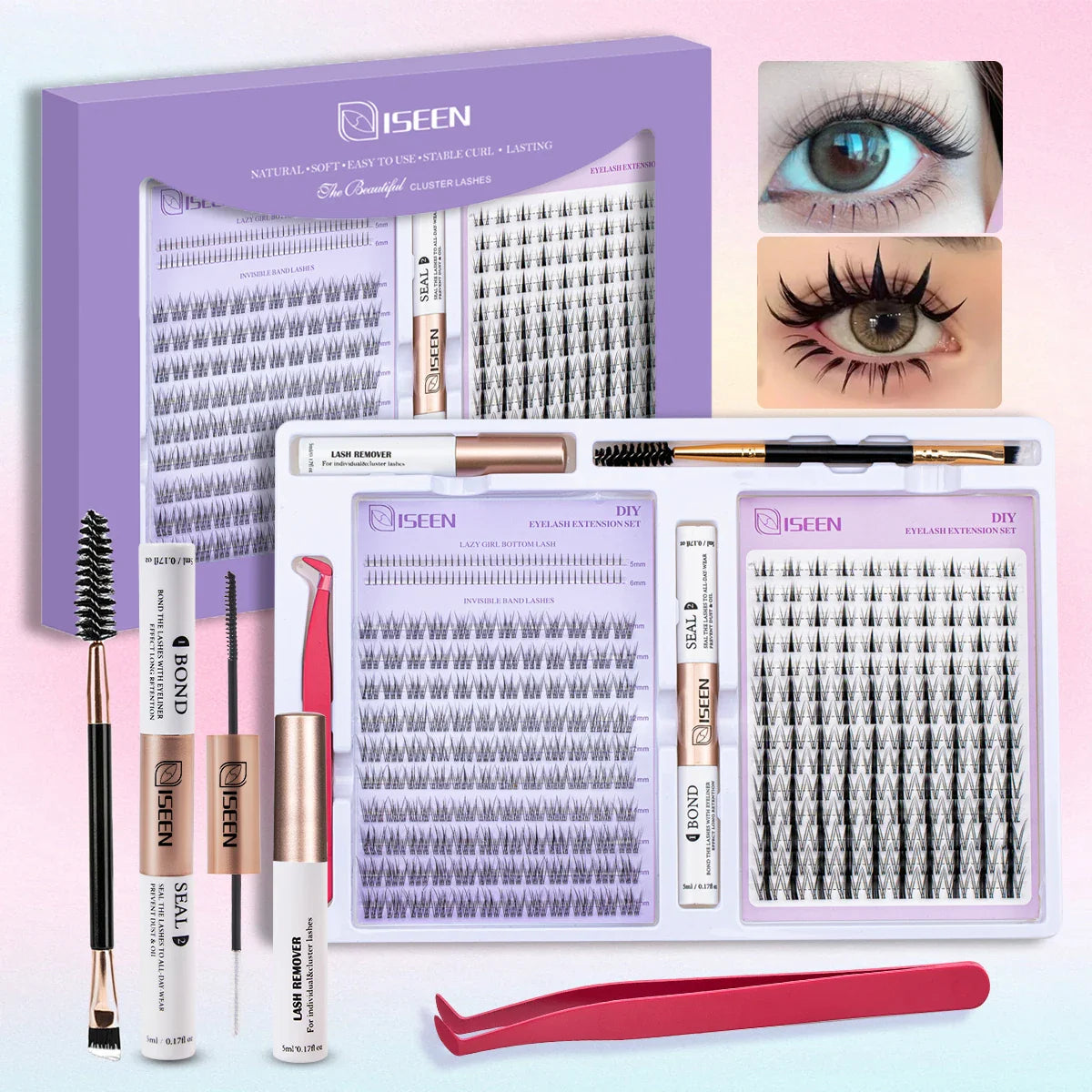 ISEEN DIY Eyelash Extension Kit Cluster Mix Eyelashes Full Set Lashes Kit with Lash Bond & Seal and Eyelash Tweezers and Brush